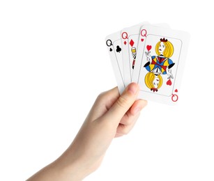 Photo of Poker game. Woman with playing cards on white background, closeup