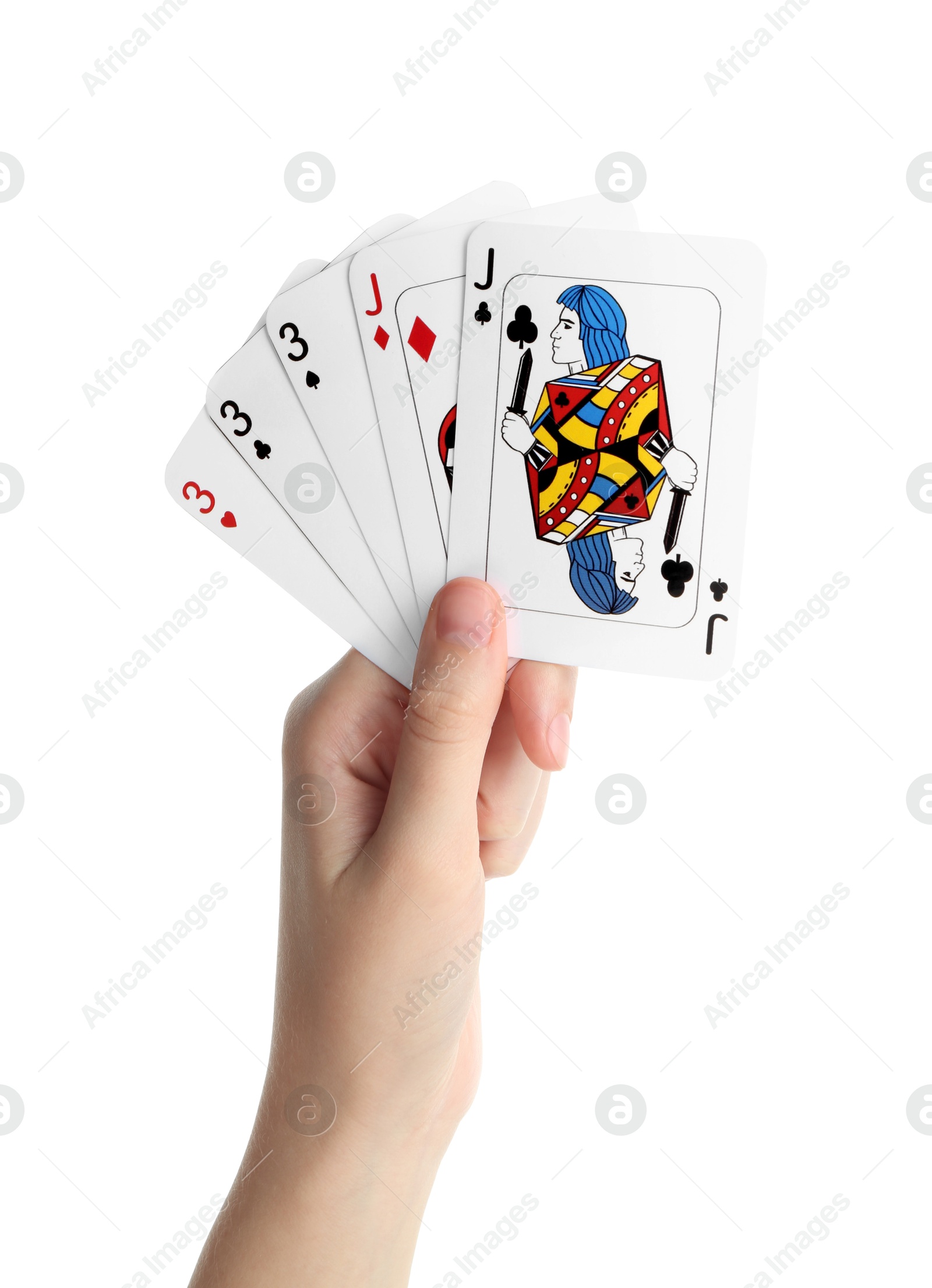 Photo of Poker game. Woman holding playing cards on white background, closeup