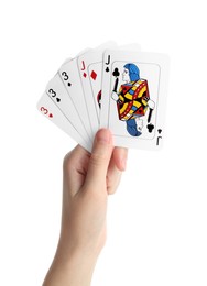 Poker game. Woman holding playing cards on white background, closeup