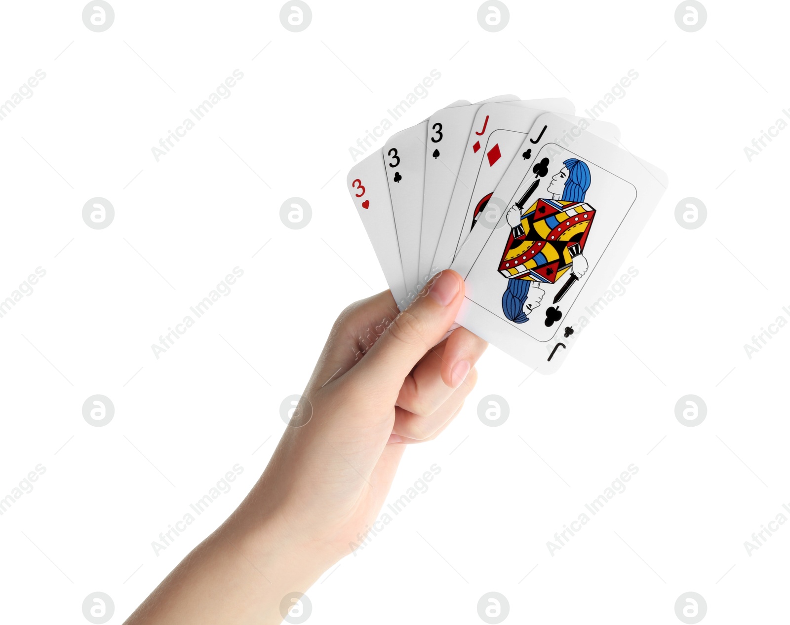 Photo of Poker game. Woman holding playing cards on white background, closeup