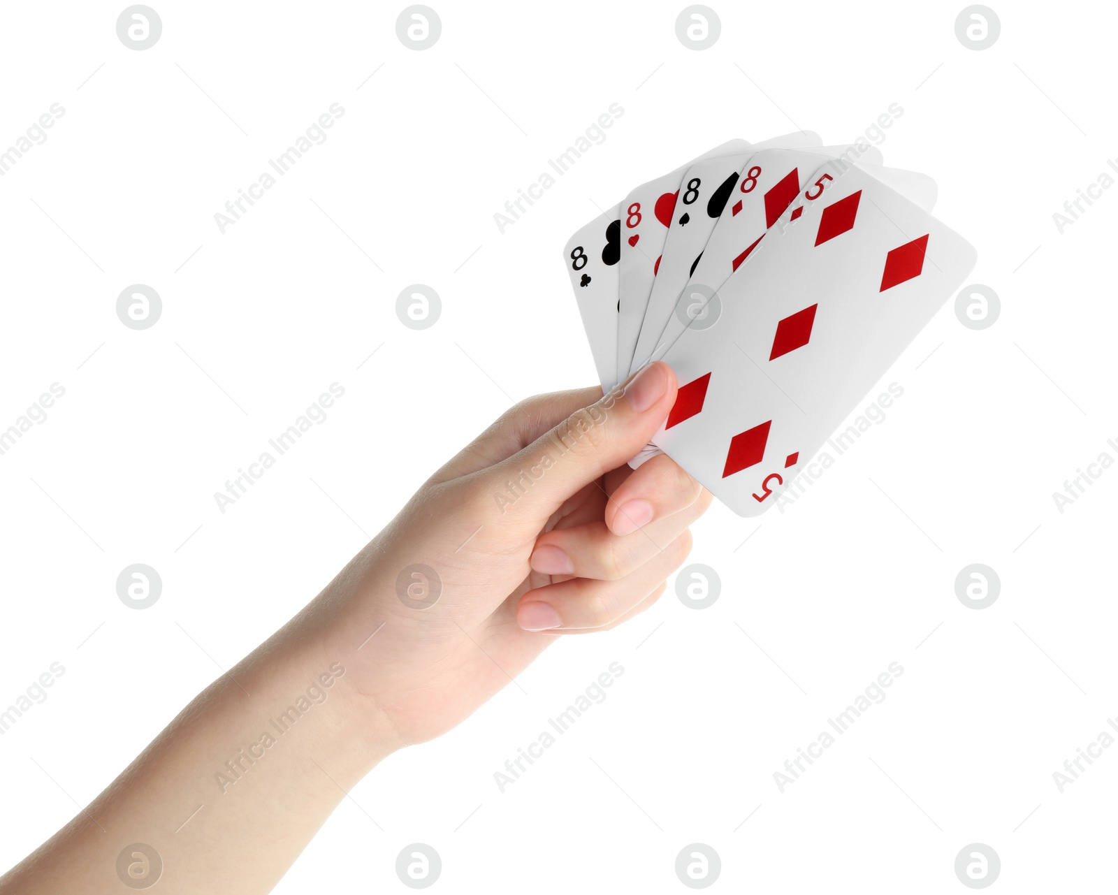 Photo of Poker game. Woman holding playing cards on white background, closeup