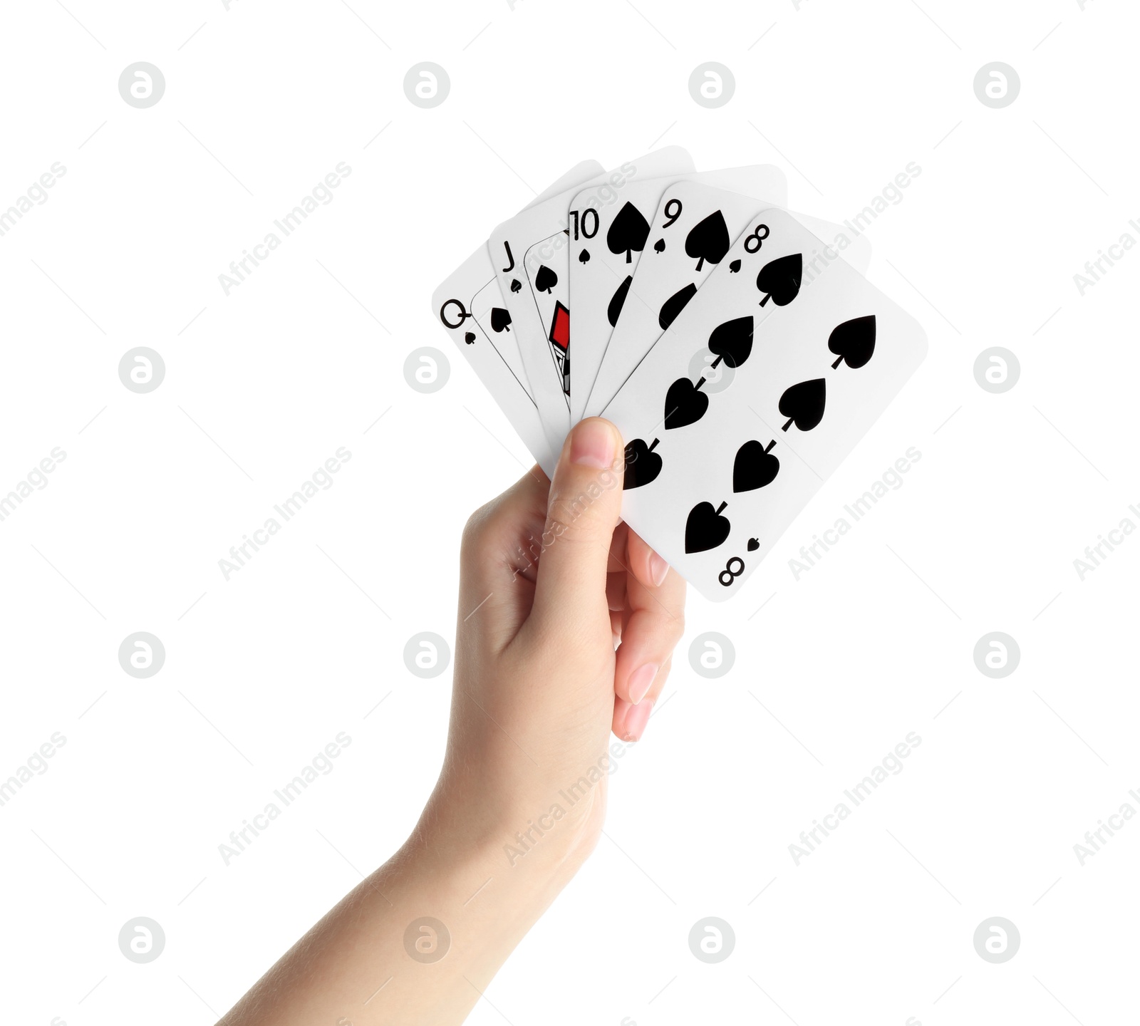 Photo of Poker game. Woman holding playing cards on white background, closeup