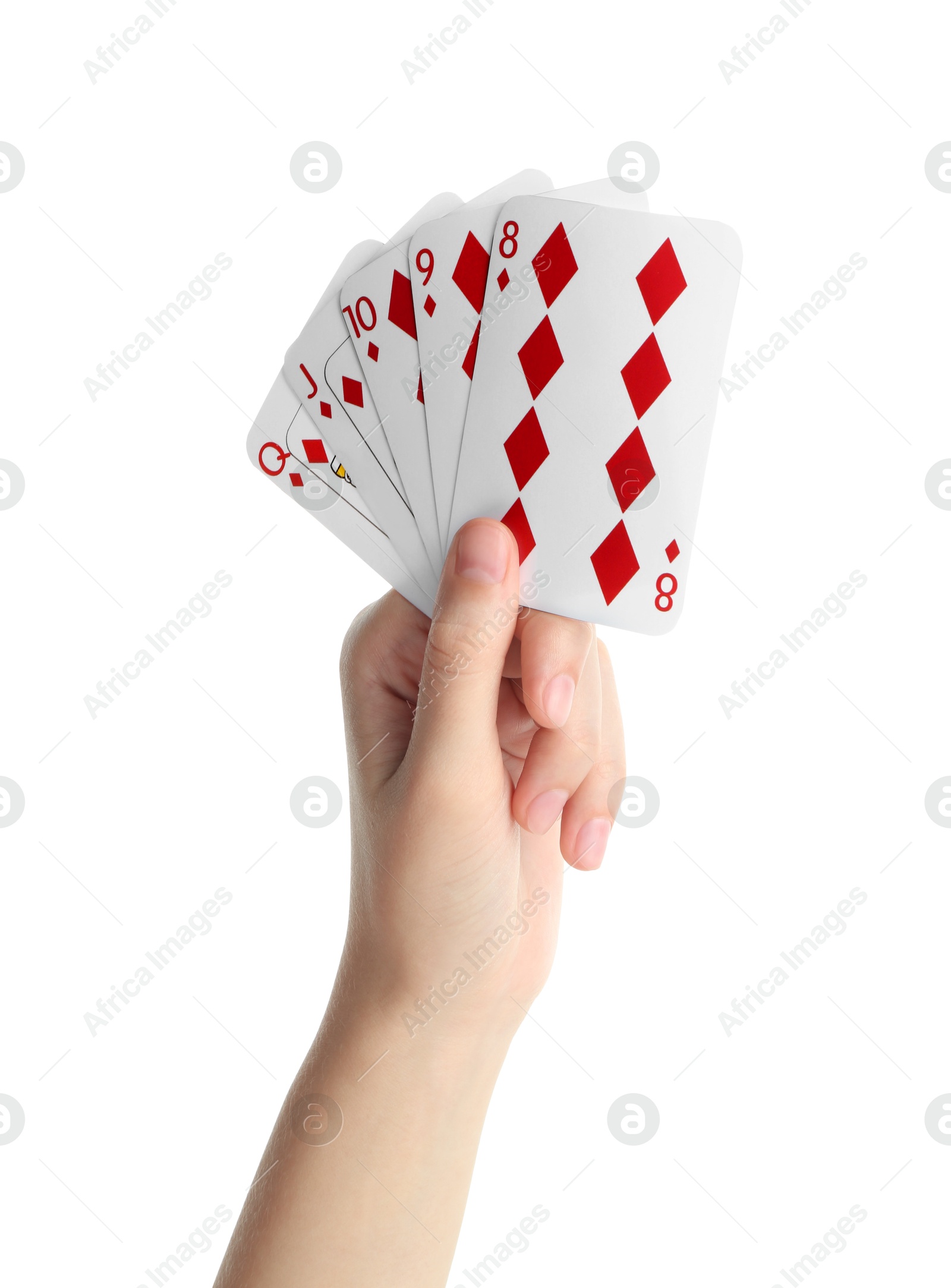 Photo of Poker game. Woman holding playing cards on white background, closeup