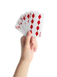 Poker game. Woman holding playing cards on white background, closeup