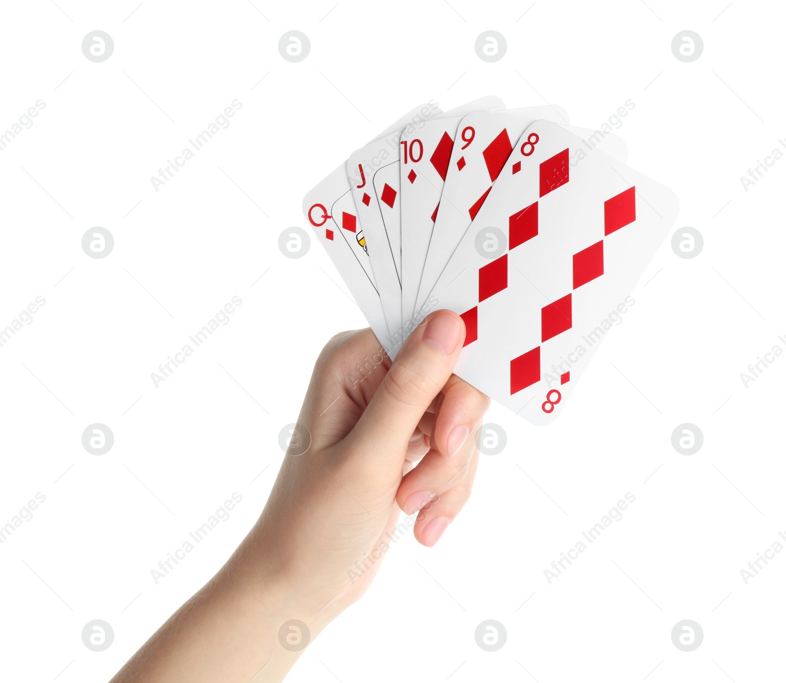 Photo of Poker game. Woman holding playing cards on white background, closeup