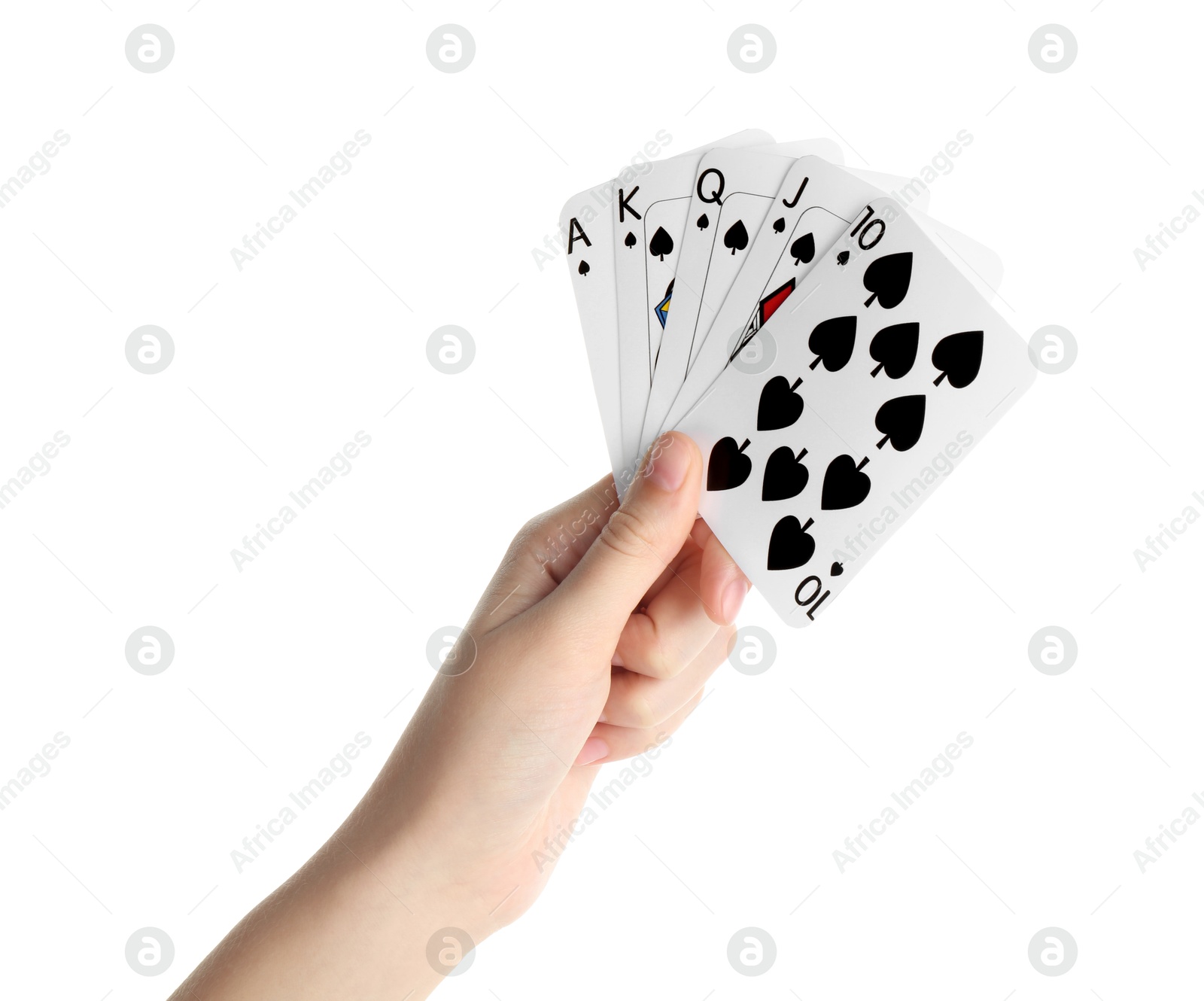 Photo of Poker game. Woman holding playing cards on white background, closeup