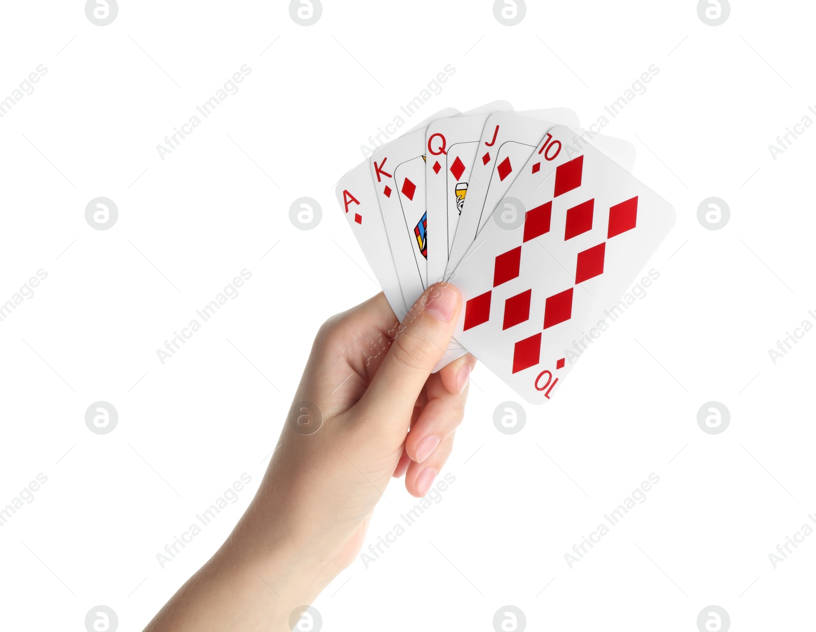 Photo of Poker game. Woman holding playing cards on white background, closeup