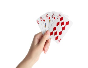 Photo of Poker game. Woman holding playing cards on white background, closeup