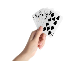 Photo of Poker game. Woman holding playing cards on white background, closeup