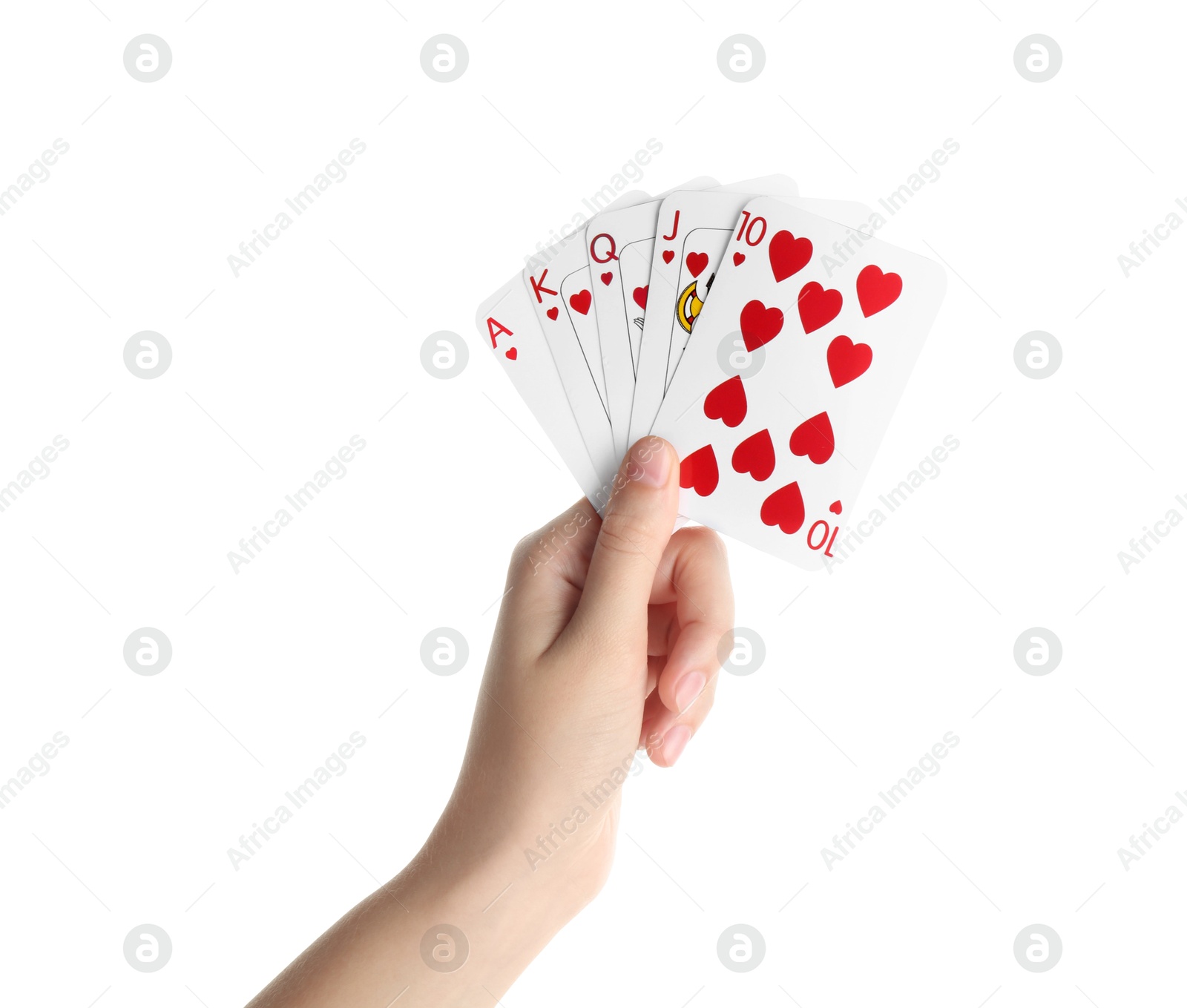 Photo of Poker game. Woman holding playing cards on white background, closeup