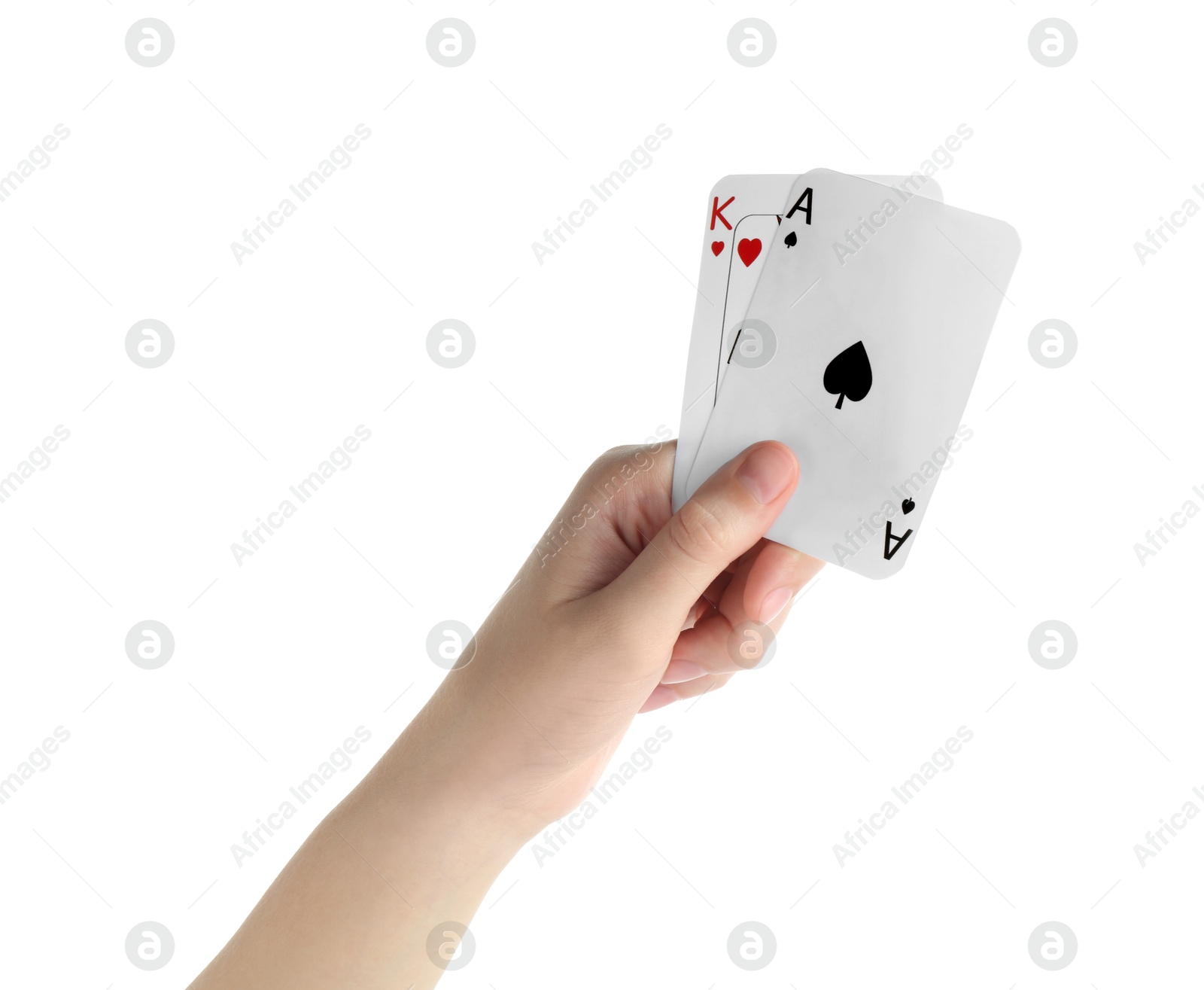 Photo of Poker game. Woman holding playing cards on white background, closeup