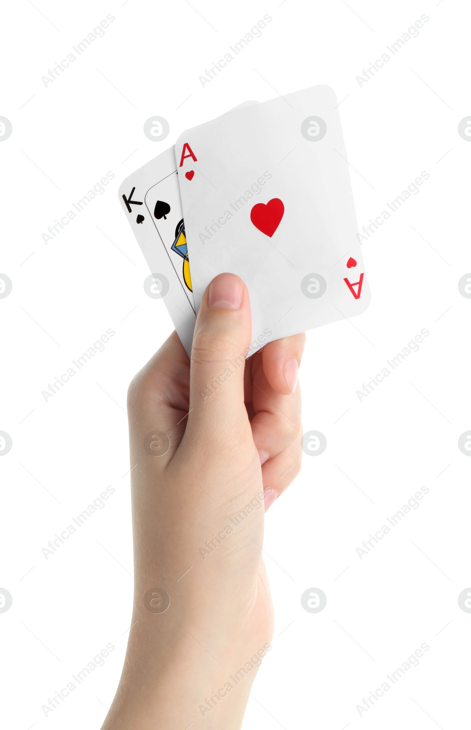 Photo of Poker game. Woman holding playing cards on white background, closeup