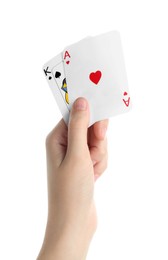 Photo of Poker game. Woman holding playing cards on white background, closeup