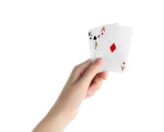 Photo of Poker game. Woman holding playing cards on white background, closeup