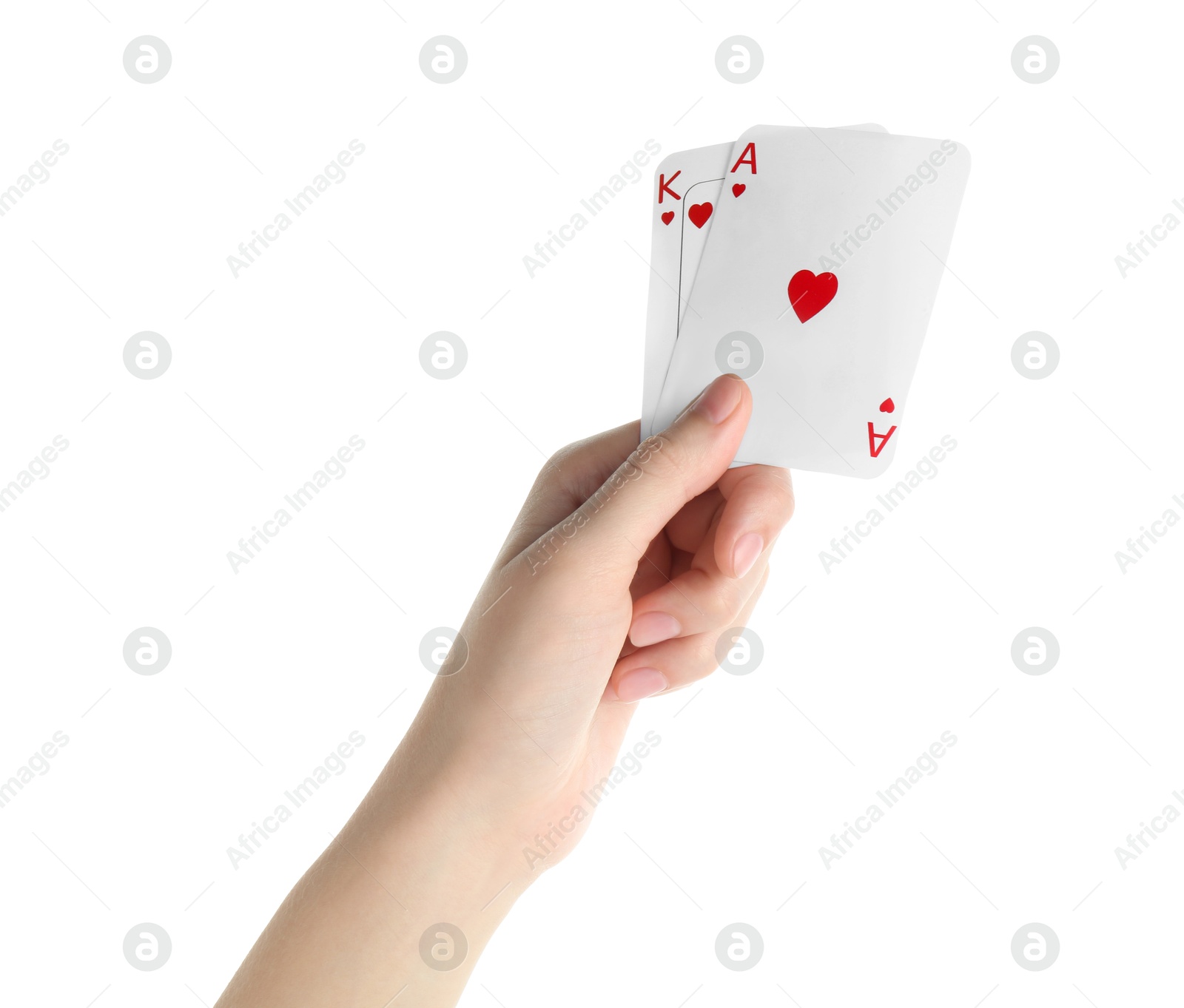 Photo of Poker game. Woman holding playing cards on white background, closeup