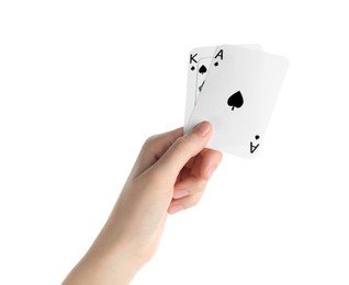 Photo of Poker game. Woman holding playing cards on white background, closeup