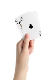 Photo of Poker game. Woman holding playing cards on white background, closeup