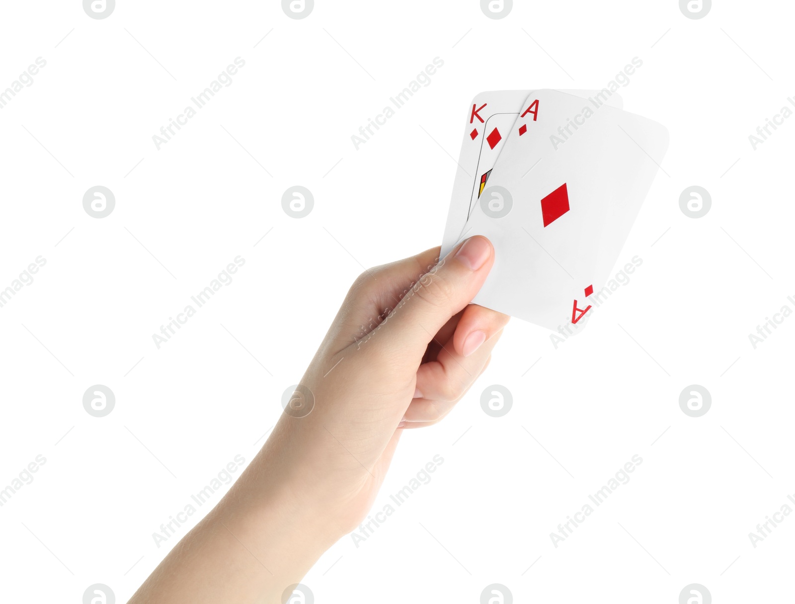 Photo of Poker game. Woman holding playing cards on white background, closeup