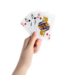 Poker game. Woman with playing cards on white background, closeup