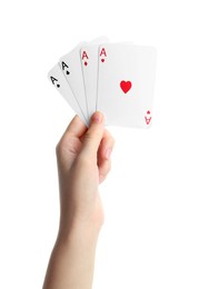 Photo of Poker game. Woman with playing cards on white background, closeup