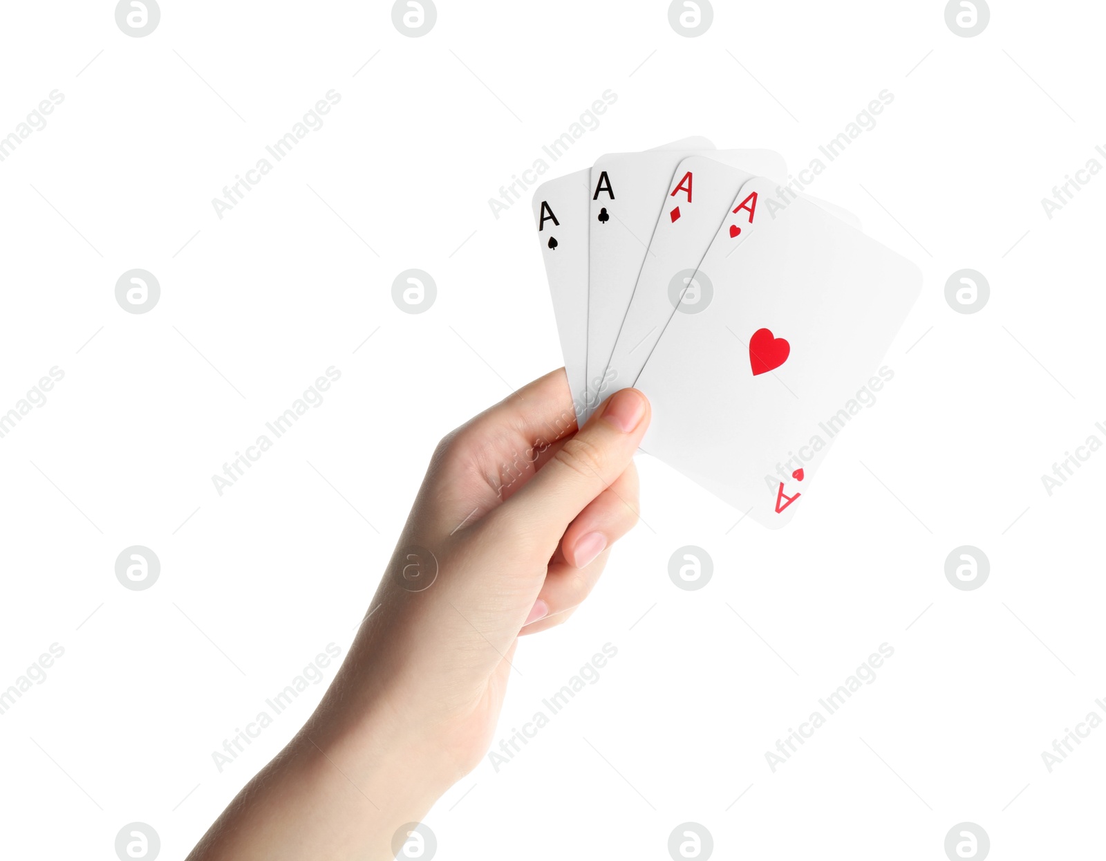 Photo of Poker game. Woman with playing cards on white background, closeup