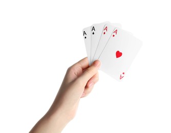 Photo of Poker game. Woman with playing cards on white background, closeup