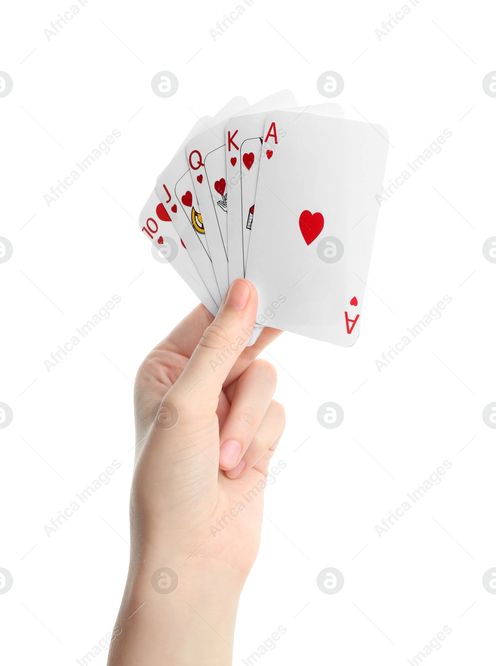 Photo of Poker game. Woman holding playing cards on white background, closeup