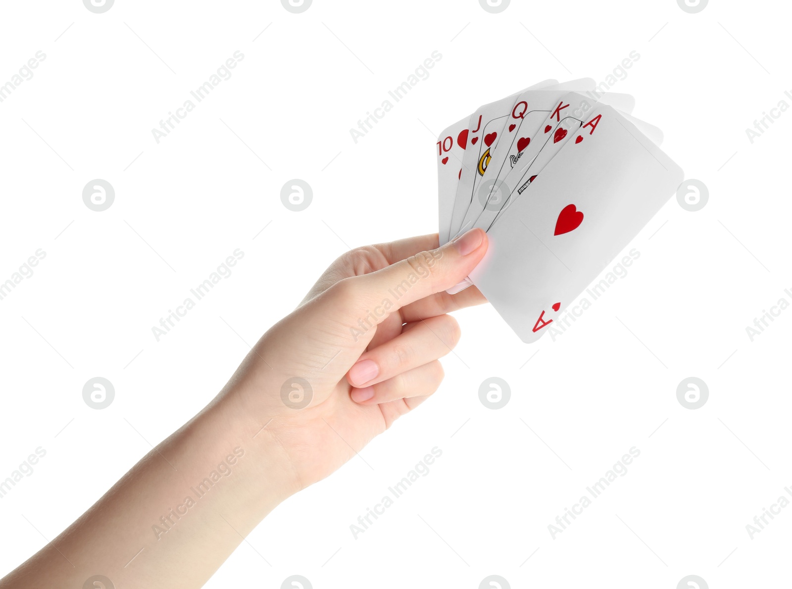 Photo of Poker game. Woman holding playing cards on white background, closeup