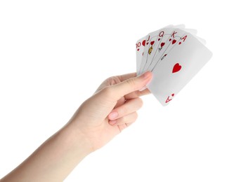 Photo of Poker game. Woman holding playing cards on white background, closeup