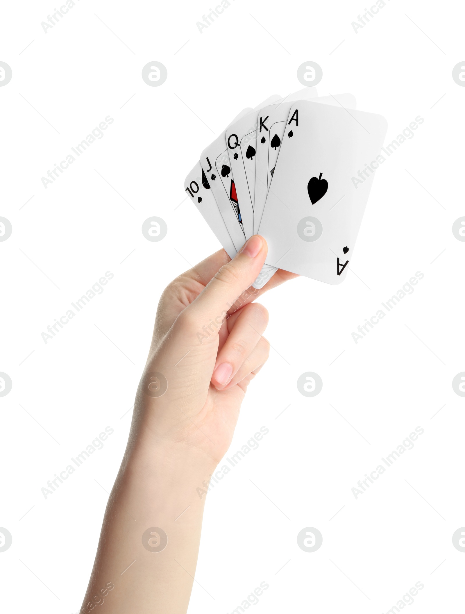 Photo of Poker game. Woman holding playing cards on white background, closeup