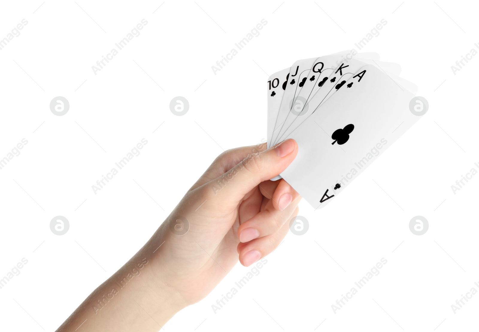 Photo of Poker game. Woman holding playing cards on white background, closeup