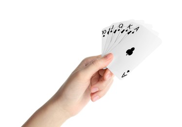 Photo of Poker game. Woman holding playing cards on white background, closeup