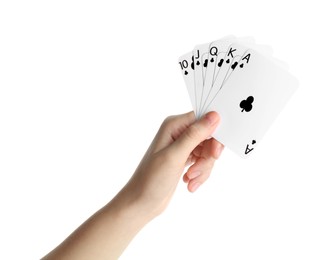 Photo of Poker game. Woman holding playing cards on white background, closeup