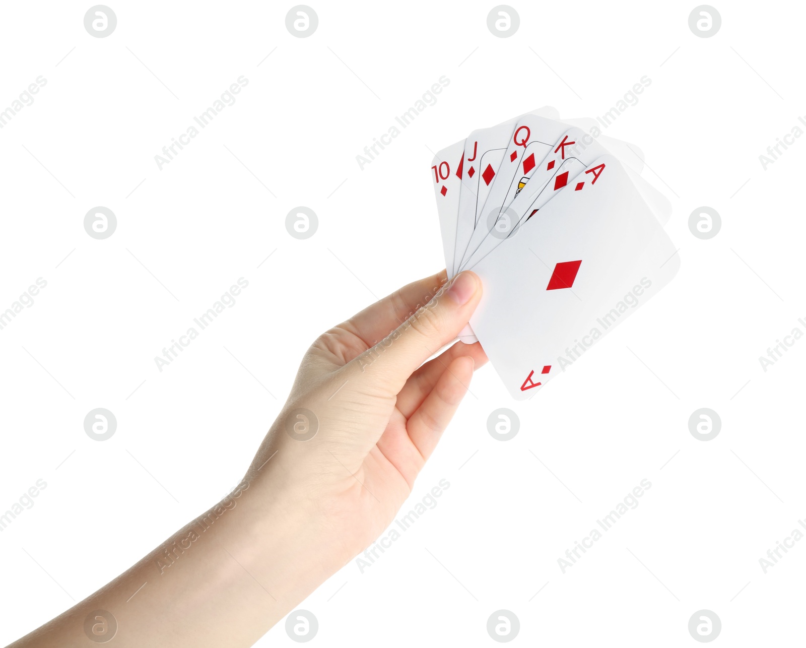 Photo of Poker game. Woman holding playing cards on white background, closeup