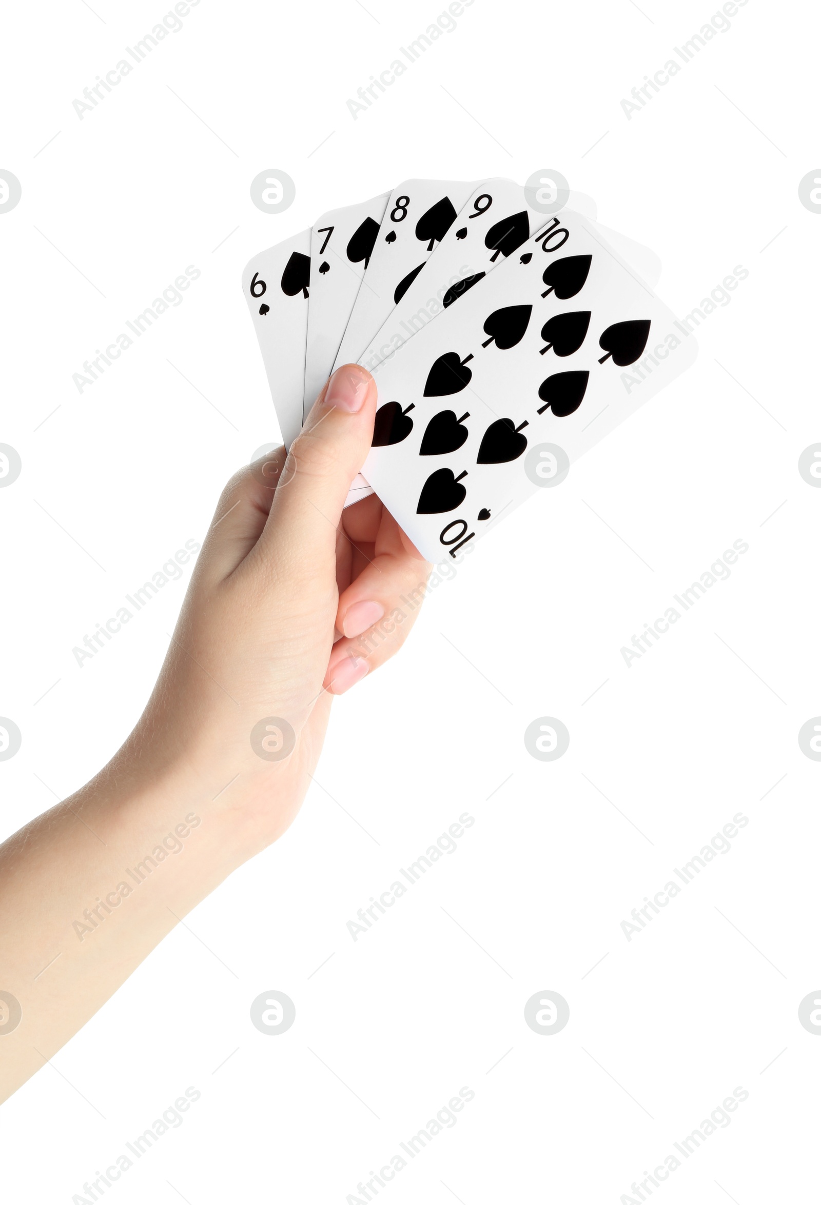 Photo of Poker game. Woman holding playing cards on white background, closeup