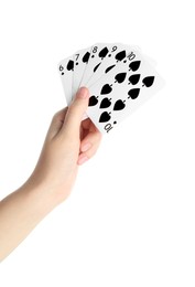 Poker game. Woman holding playing cards on white background, closeup