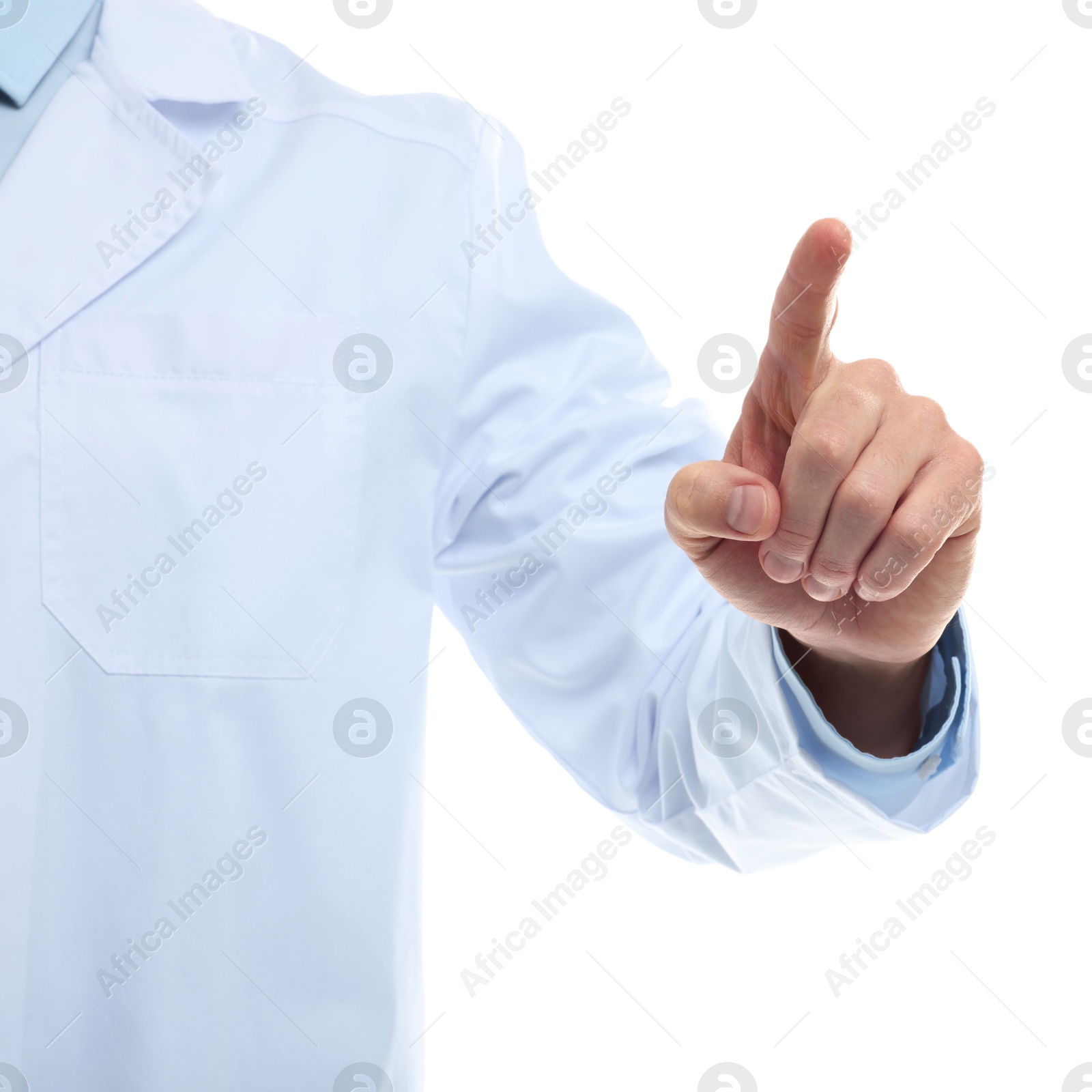 Photo of Doctor pointing at something on white background, closeup