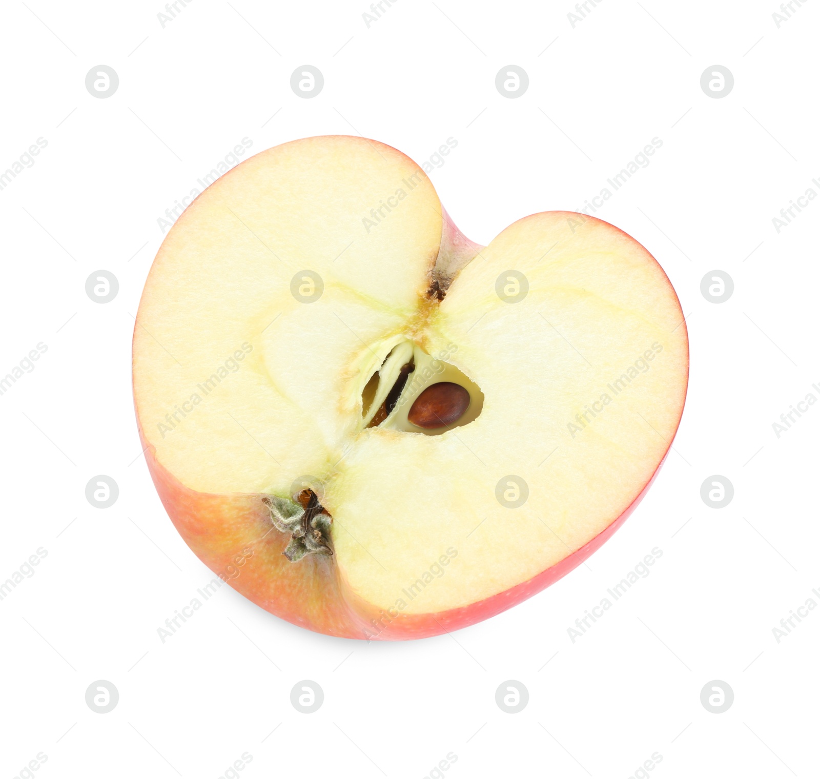 Photo of Half of fresh red apple isolated on white, above view