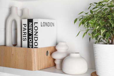 Photo of Ceramic vases, books and houseplant on shelving unit