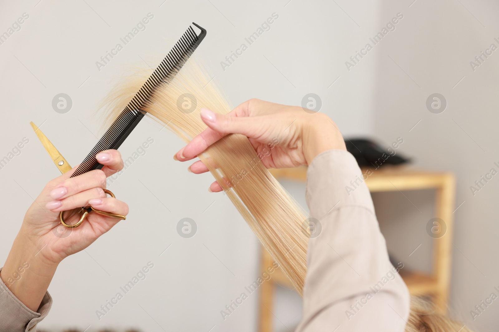 Photo of Hairdresser cutting client's hair with scissors in salon, closeup