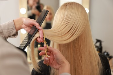 Photo of Hairdresser cutting client's hair with scissors in salon, closeup