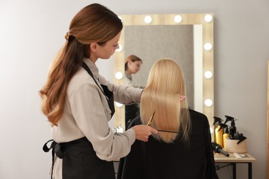 Photo of Professional hairdresser combing woman's hair in salon