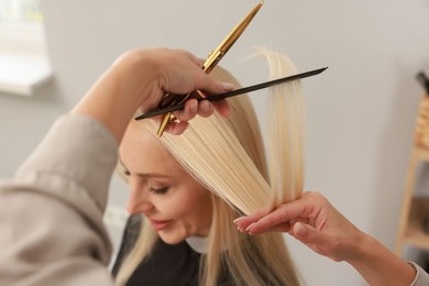 Photo of Hair cutting. Professional hairdresser working with client in salon, closeup