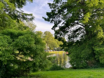 Photo of Beautiful view of park with trees and canal outdoors