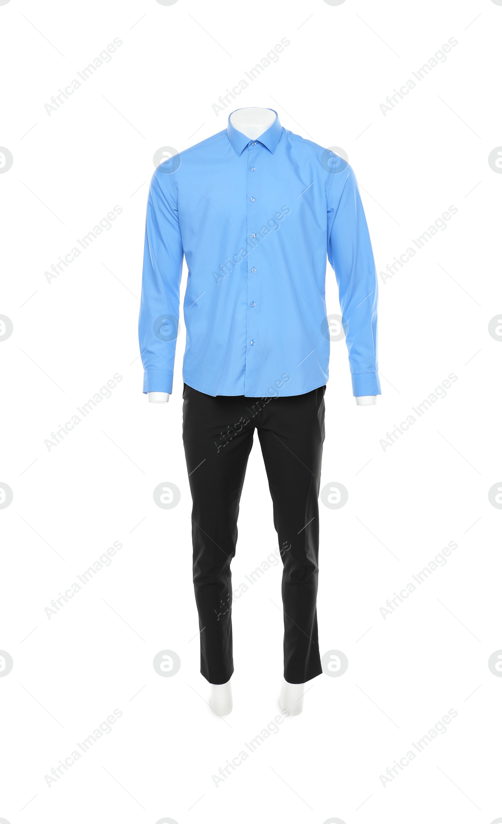 Photo of Male mannequin with stylish shirt and pants isolated on white