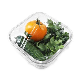 Photo of Glass container of fresh vegetables with plastic food wrap isolated on white