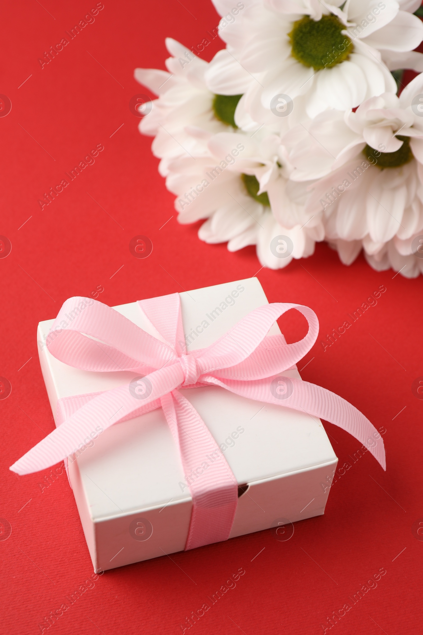 Photo of Gift box with bow and flowers on red background