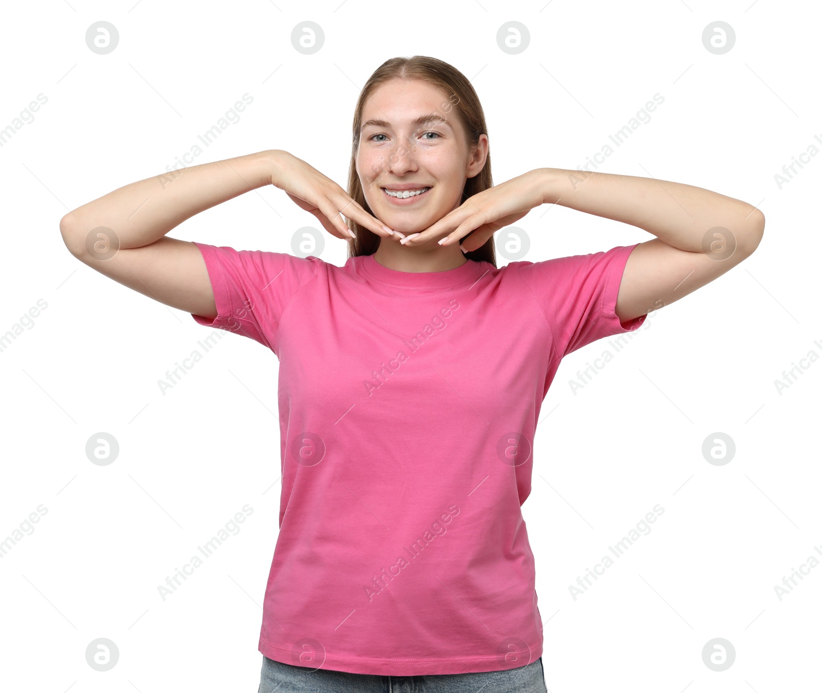 Photo of Smiling girl with braces on white background