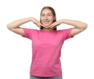 Photo of Smiling girl with braces on white background