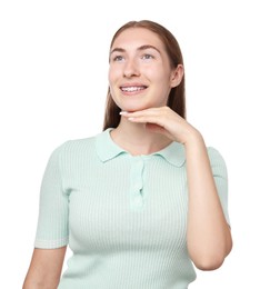 Photo of Smiling girl with braces on white background